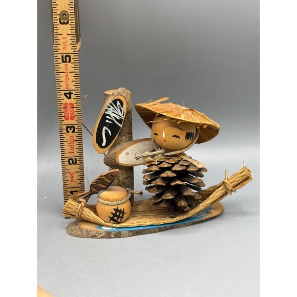 Vtg Koskeshi Handcrafted Pinecone Fisherman Figurine Hat Boat Japan - Picture 6 of 7